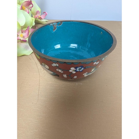 Vintage Cloisonne Enamel Bowl Floral Vase Fruit Coin Design Red Blue Trinket - Picture 2 of 6